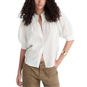 Madewell Women’s Embroidered Puff-Sleeve Banded-Collar Shirt Top NWT 12 White